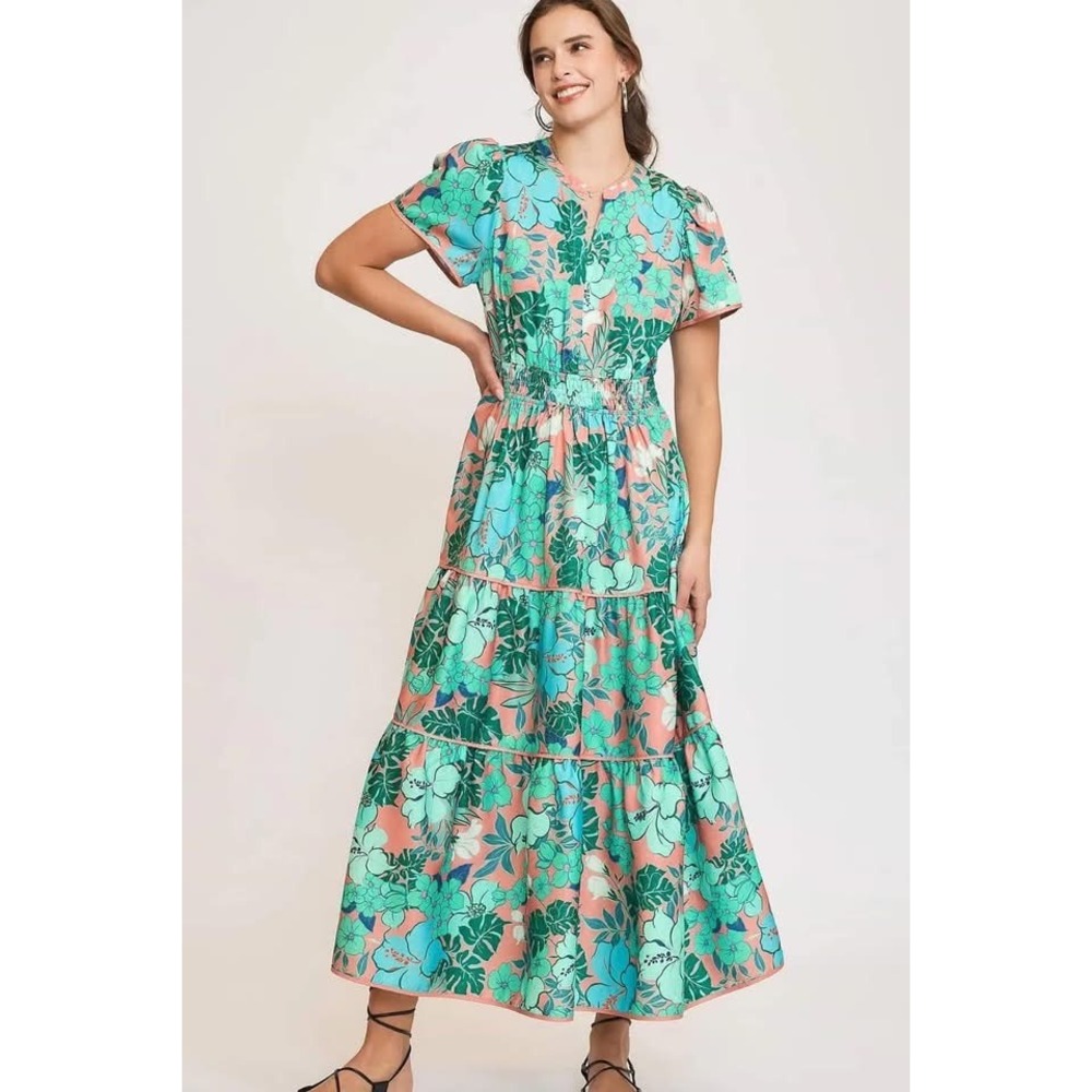 Umgee Coral Tropics Maxi Dress Floral Pink Blue Tiered Smocked Waist size Large